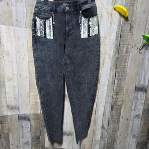 Mod X Black Acid Wash McBling Sequin Barrel Jeans